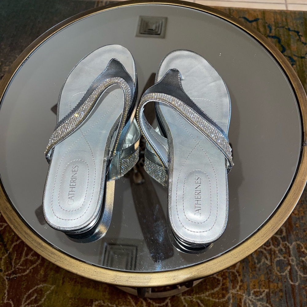 Catherine’s Silver Thong Wedge Slides